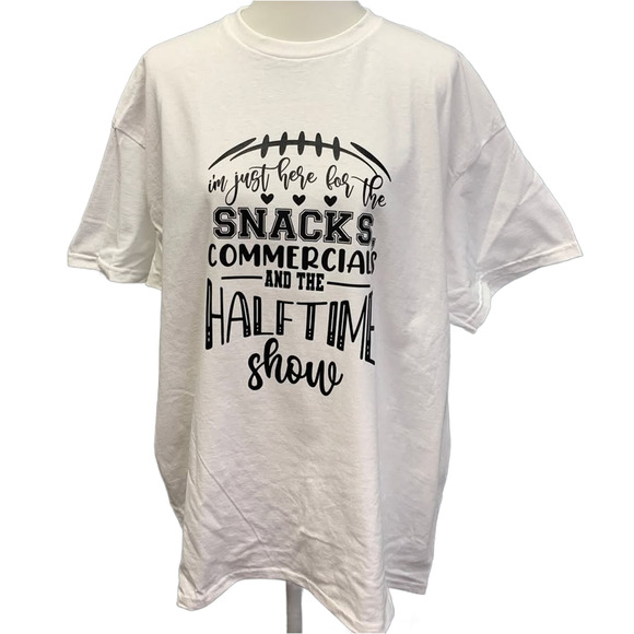 Hand Printed Small Superbowl Here for the Snacks Commercials Halftime Show Tee - Picture 1 of 5